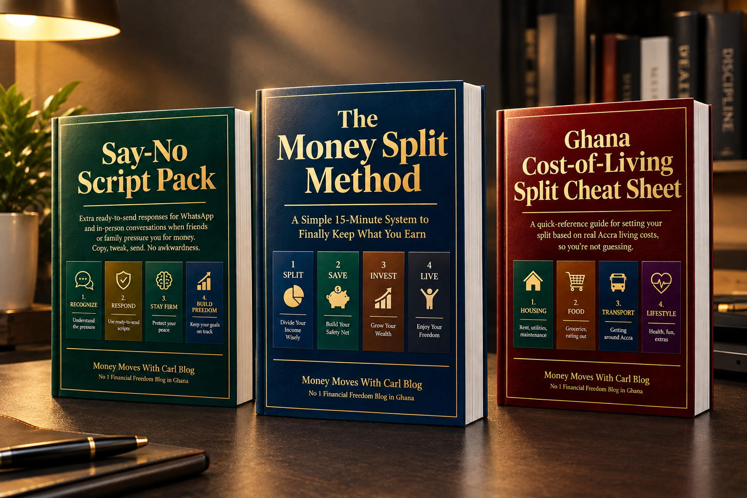 The Money Split Method bundle showing the main guide, Say-No Script Pack, and Ghana Cost-of-Living Split Cheat Sheet